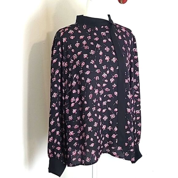 CeCe Black Blouse with Pink Flowers, Black Stand-up Collar, Size XL - Picture 2 of 9